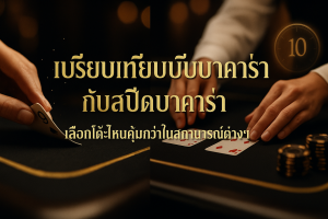 ภาพรวมบทความโทนหรูหราดำทอง เปรียบเทียบบีบบาคาร่ากับสปีดบาคาร่า พร้อมหัวข้อไทยแสดงบนภาพ