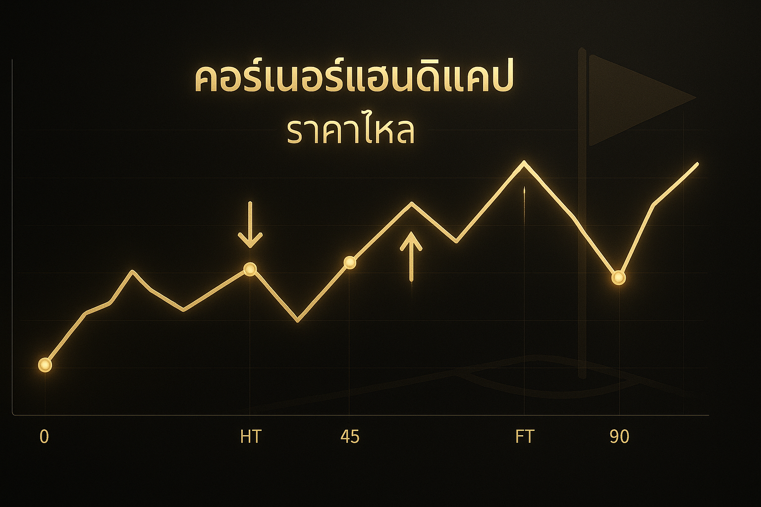 กราฟราคาไหลคอร์เนอร์แฮนดิแคป โทนดำทอง แสดงการเปลี่ยนแปลงไลน์ระหว่างนาที 0–90 พร้อมสัญลักษณ์ HT/FT