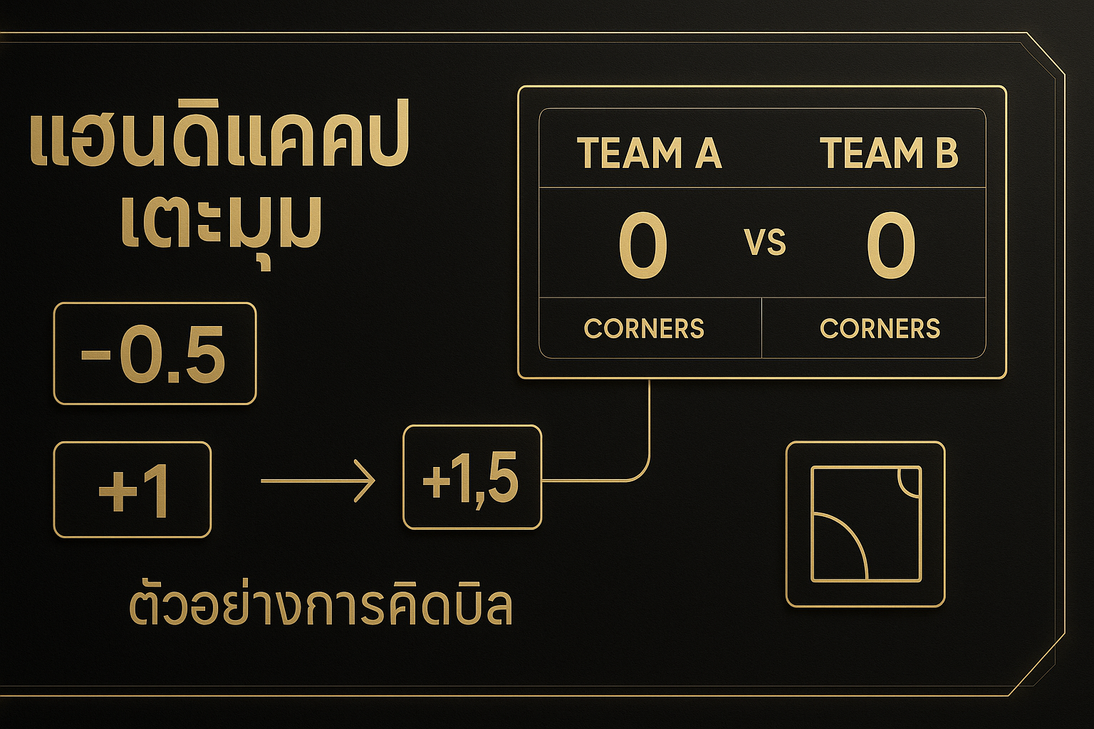 อินโฟกราฟิกคอร์เนอร์แฮนดิแคป โทนดำทอง อธิบายราคาต่อรองเตะมุม -0.5/+1.0 และตัวอย่างการคิดบิล