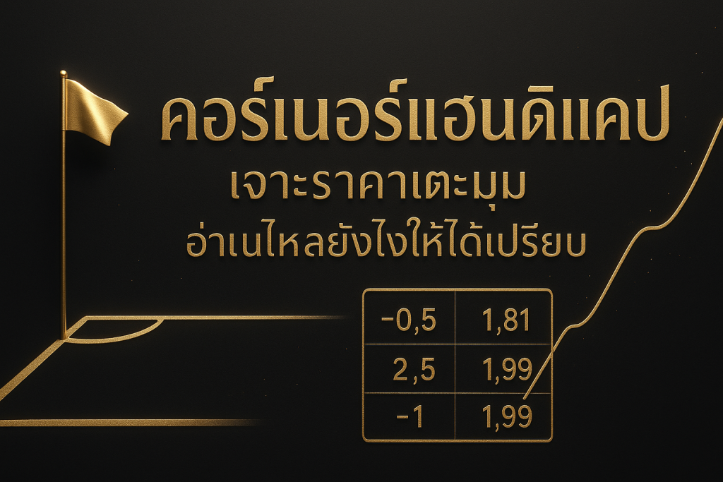 ภาพฟีเจอร์คอร์เนอร์แฮนดิแคป โทนดำทอง มีธงมุมสนามและกราฟราคาไหล พร้อมข้อความหัวเรื่องบนภาพ