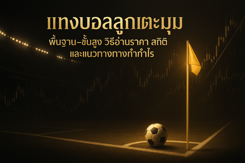 ภาพฟีเจอร์ธีมหรูหราดำทองสำหรับบทความ แทงบอลลูกเตะมุม พื้นฐาน–ขั้นสูง วิธีอ่านราคา สถิติ และแนวทางทำกำไร