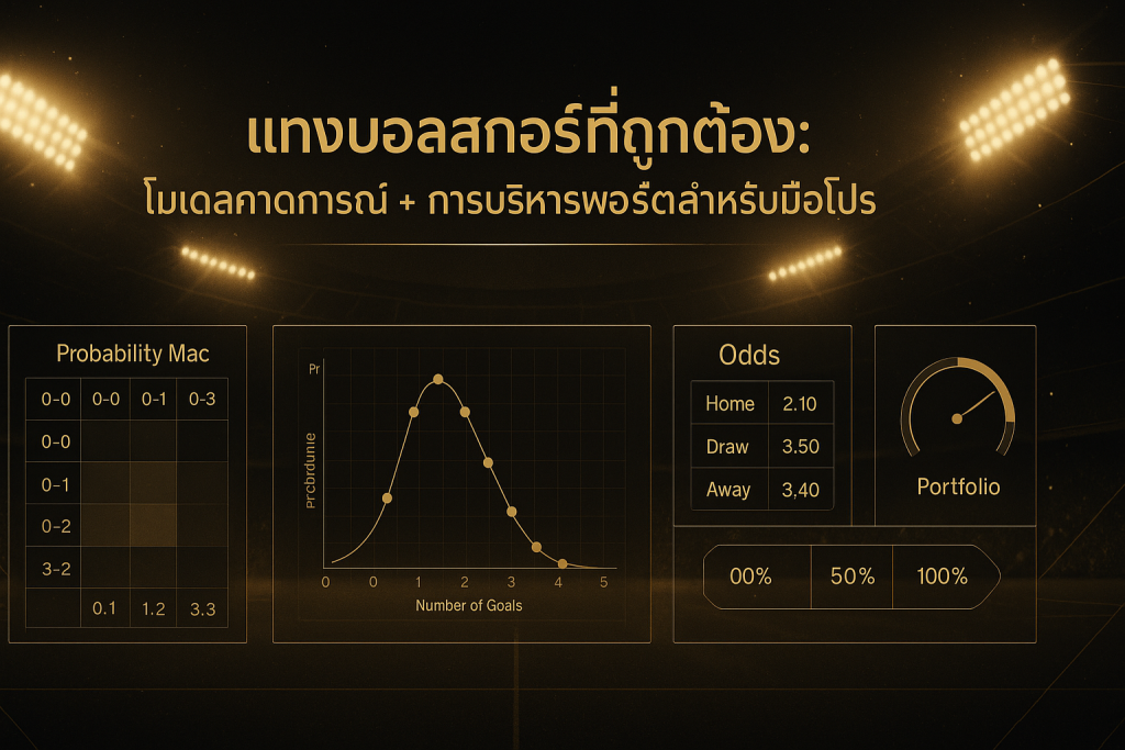 ภาพรวมธีมดำทองสำหรับแทงบอลสกอร์ที่ถูกต้อง พร้อมกราฟโมเดลคาดการณ์และการบริหารพอร์ตแบบมือโปร