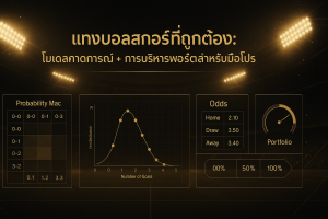 ภาพรวมธีมดำทองสำหรับแทงบอลสกอร์ที่ถูกต้อง พร้อมกราฟโมเดลคาดการณ์และการบริหารพอร์ตแบบมือโปร