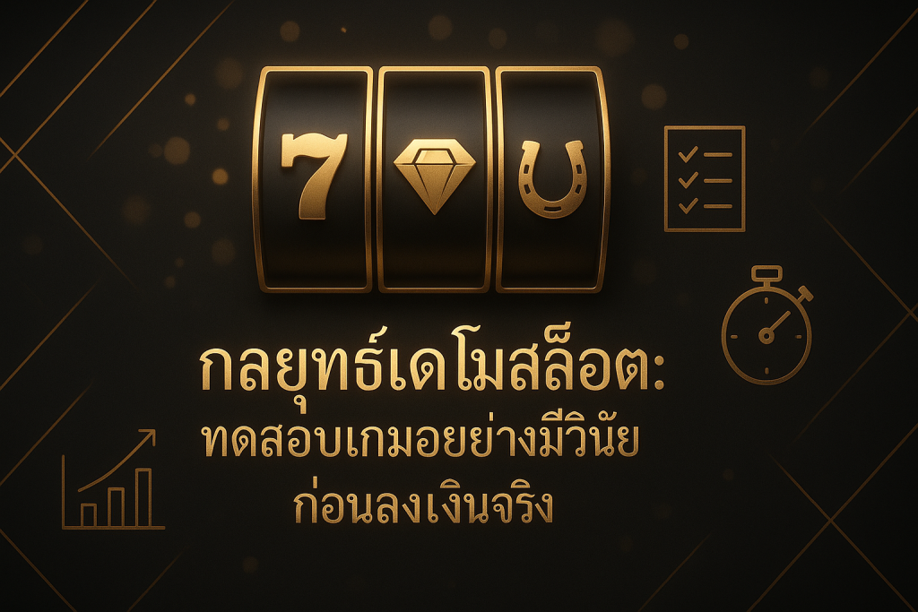 ภาพฟีเจอร์กลยุทธ์เดโมสล็อต ธีมหรูหราดำทอง แสดงรีลสล็อตนามธรรม กราฟการวิเคราะห์ และข้อความหัวเรื่องอย่างเด่นชัด