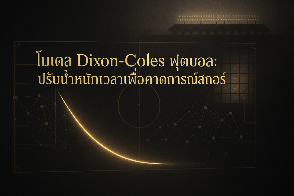 ภาพฟีเจอร์ธีมหรูหราดำทอง แสดงภาพรวมโมเดล Dixon-Coles ฟุตบอล และแนวคิดปรับน้ำหนักเวลาเพื่อคาดการณ์สกอร์