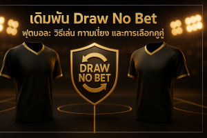 ภาพปกธีมดำทองสำหรับบทความ เดิมพัน Draw No Bet ฟุตบอล แสดงโล่ทองสื่อถึงการคุ้มครองผลเสมอและเสื้อทีมสองฝั่ง