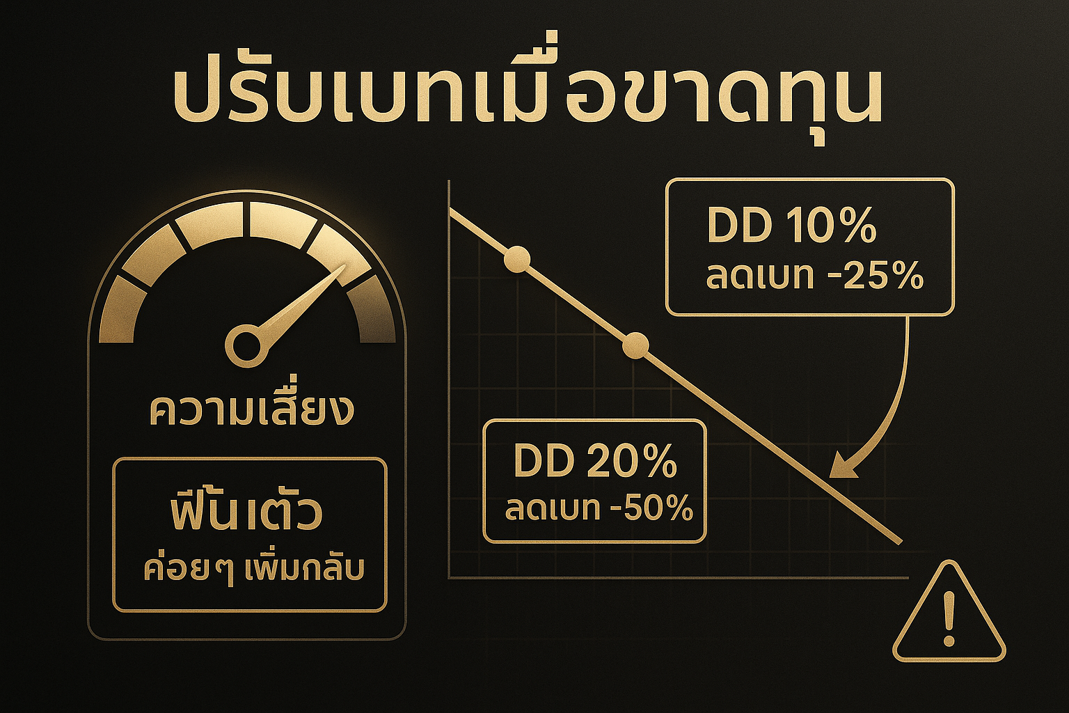 อินโฟกราฟิกการปรับเบทตาม drawdown สำหรับสูตรกำหนดเบทสล็อตเปอร์เซ็นต์พอร์ต โทนดำทอง ดูหรูและอ่านง่าย