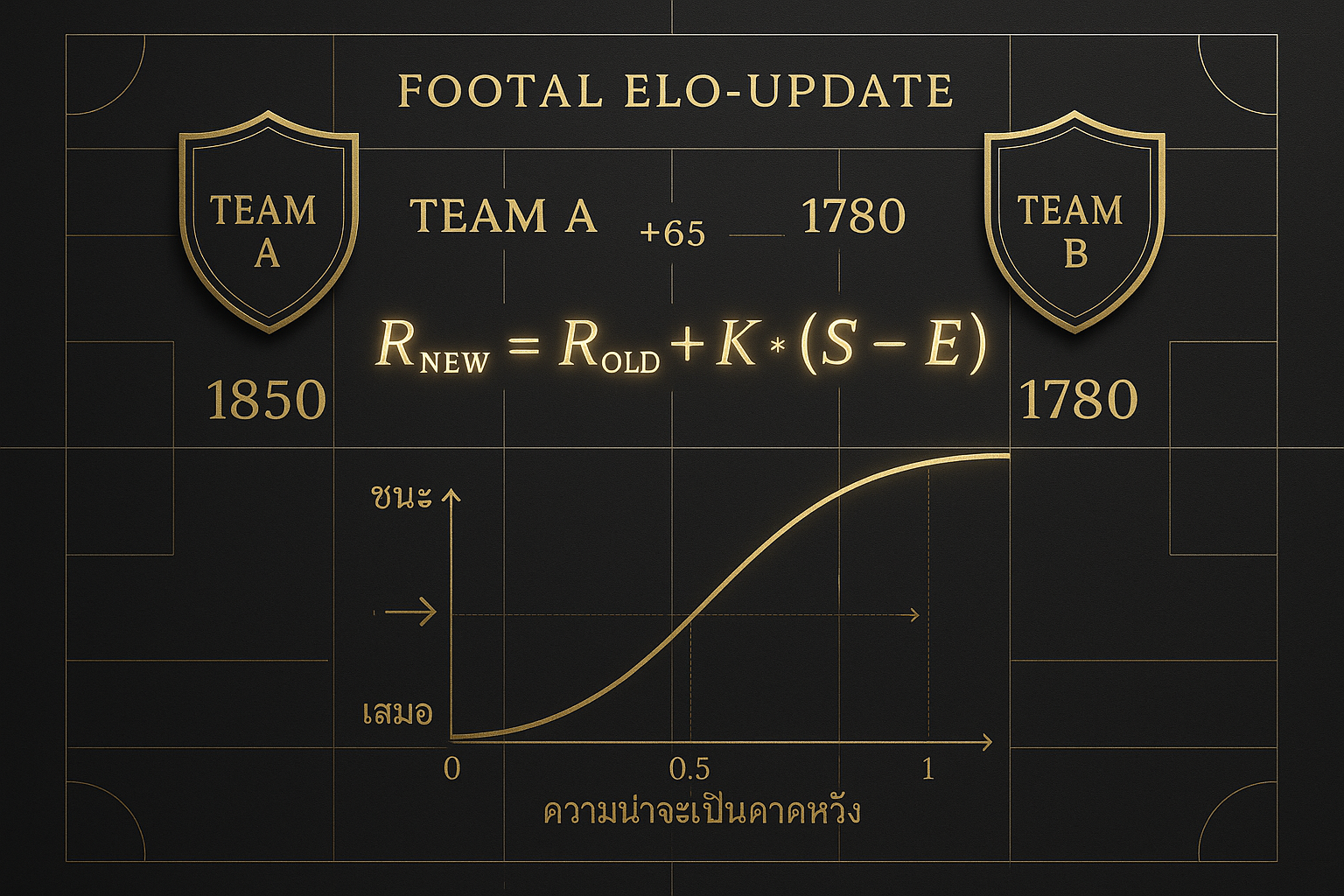 อินโฟกราฟิกโมเดล ELO ฟุตบอล แสดงสูตรอัปเดตเรตติ้ง ปัจจัยสนามเหย้า และเส้นโค้งความน่าจะเป็นในโทนหรูหราดำทอง