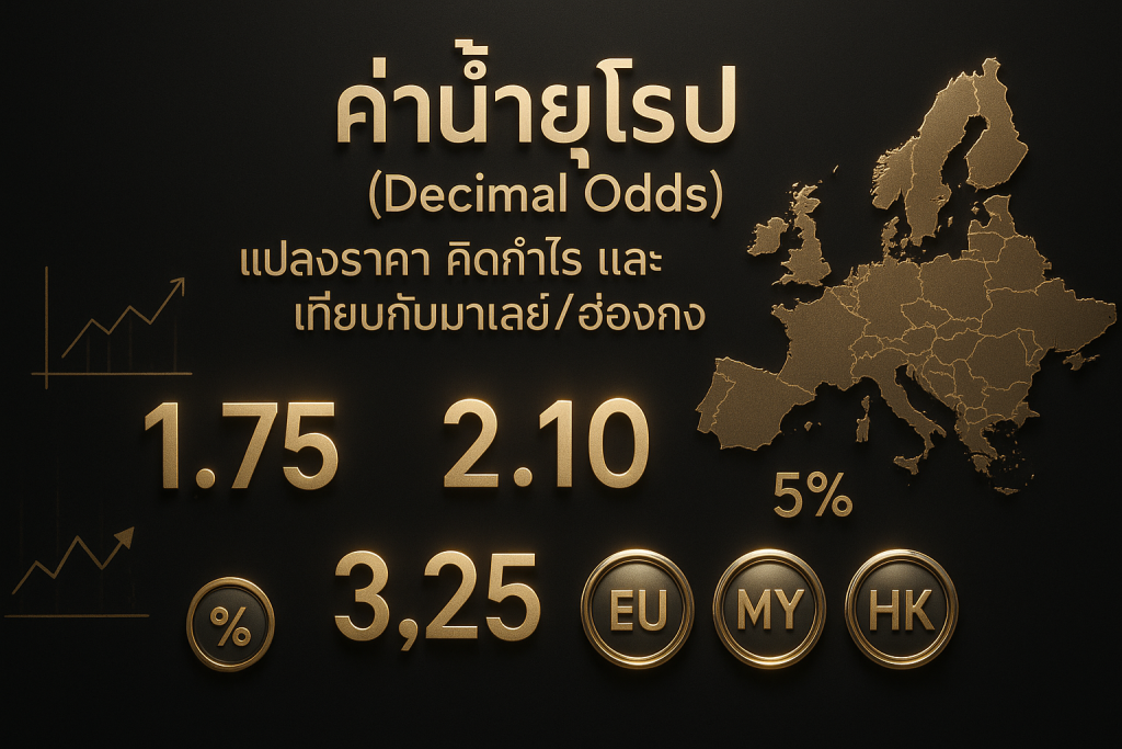ภาพฟีเจอร์ค่าน้ำยุโรปแบบ decimal odds พร้อมหัวข้อบทความภาษาไทย โทนหรูหราดำทอง