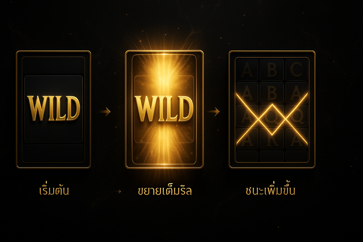 ภาพอธิบายการทำงานของ Expanding Wilds สล็อต และการขยายเต็มรีล ธีมหรูหราดำทอง