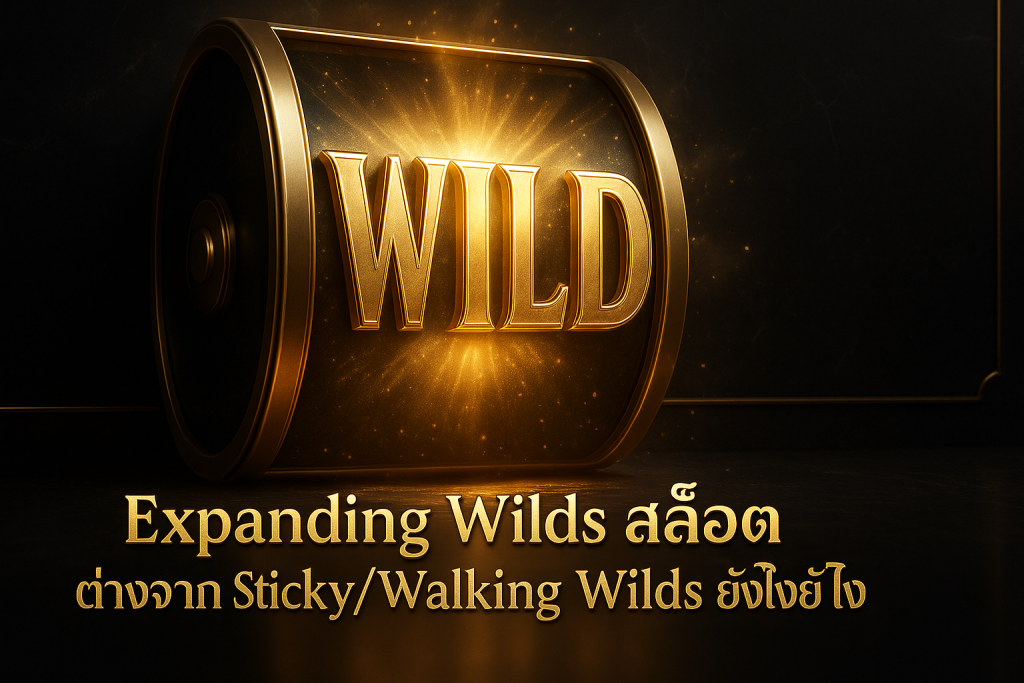 feature image หัวข้อ Expanding Wilds สล็อต ทำงานอย่างไร? ต่างจาก Sticky/Walking Wilds ยังไง ธีมหรูหราดำทอง