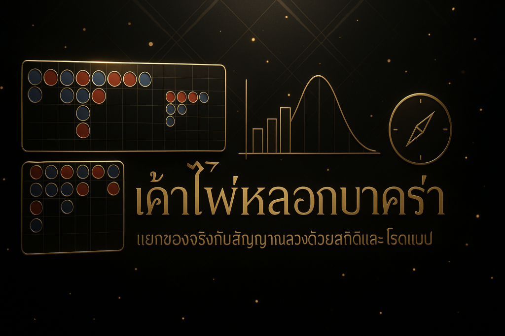 ภาพฟีเจอร์โทนดำทองสื่อถึงเค้าไพ่หลอกบาคาร่า แยกของจริงกับสัญญาณลวงด้วยสถิติและโรดแมป