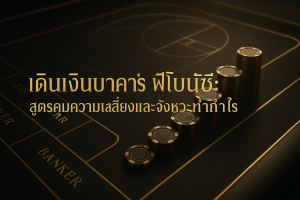 ภาพฟีเจอร์โทนดำทองสำหรับบทความ เดินเงินบาคาร่า ฟีโบนัชชี: สูตรคุมความเสี่ยงและจังหวะทำกำไร พร้อมสไตล์หรูหรา