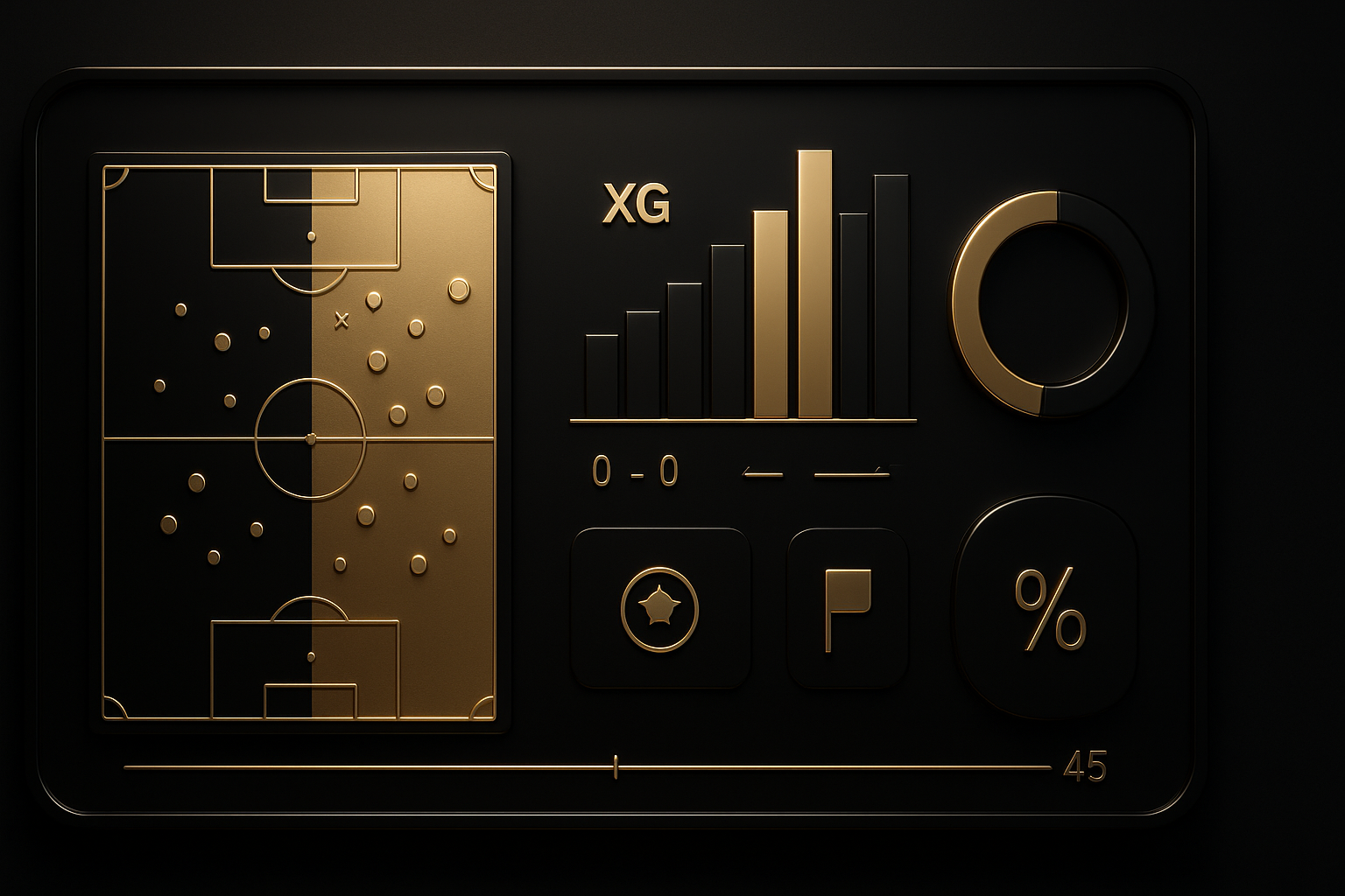 ภาพสถิติครึ่งแรกสำหรับแทงบอลครึ่งแรกครึ่งหลัง แสดงแผนผังสนาม กราฟค่า xG ช็อตเข้ากรอบ และกราฟครองบอล โทนดำทองหรูหรา