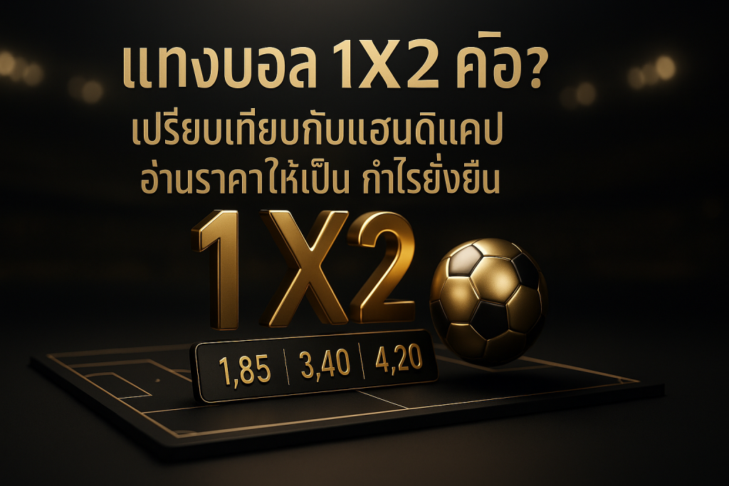 ภาพฟีเจอร์ แทงบอล 1x2 โทนหรูหราดำทอง พร้อมสัญลักษณ์ 1X2 และกระดานราคา เปรียบเทียบกับแฮนดิแคป