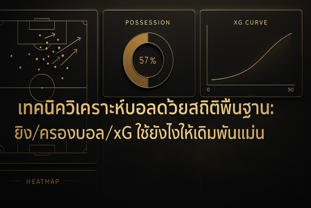 ภาพหน้าปกธีมหรูหราดำทองสื่อถึง เทคนิควิเคราะห์บอลด้วยสถิติพื้นฐาน พร้อมไฮไลต์สถิติยิง ครองบอล และ xG สำหรับช่วยเดิมพันแม่น