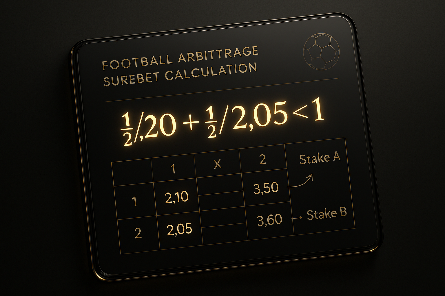 ไดอะแกรมอาร์บิทราจฟุตบอล แสดงวิธีคำนวณ surebet จากอัตราต่อรองหลายเจ้ามือด้วยสมการ 1/odds โทนดำทอง