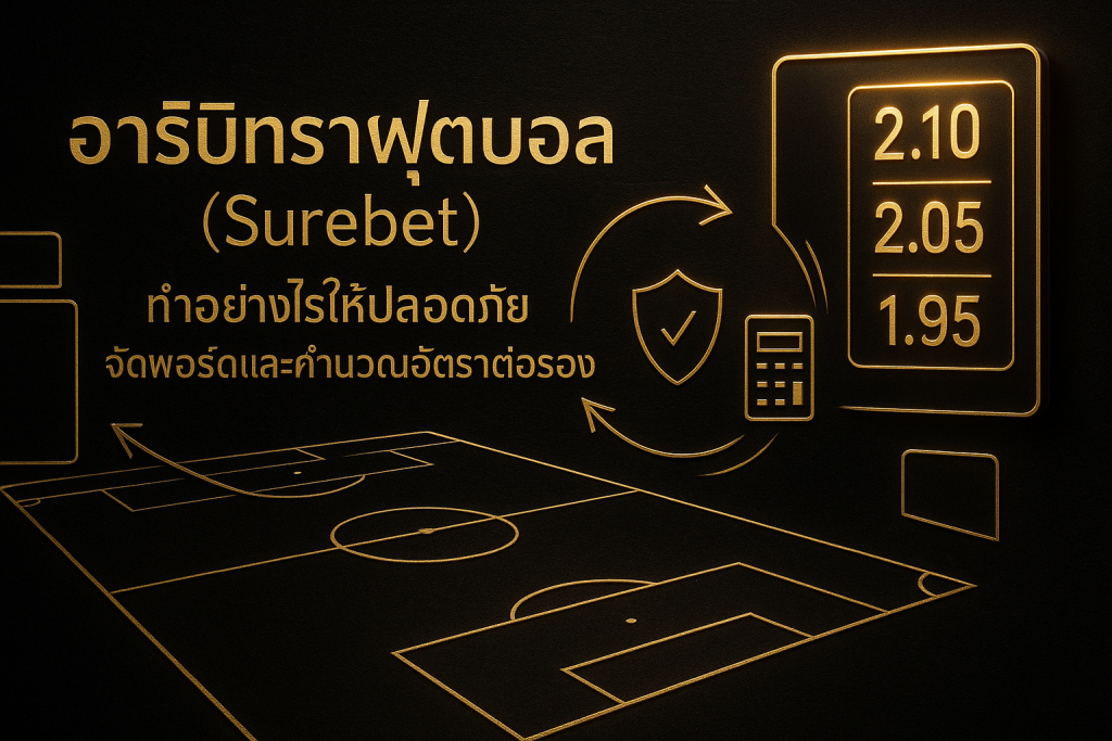 ภาพฟีเจอร์โทนหรูหราดำทอง แสดงอาร์บิทราจฟุตบอล (surebet) ด้วยบอร์ดอัตราต่อรอง ลูกศรสื่อการเฮดจ์ และสัญลักษณ์ความปลอดภัย พร้อมข้อความหัวข้อบนภาพ