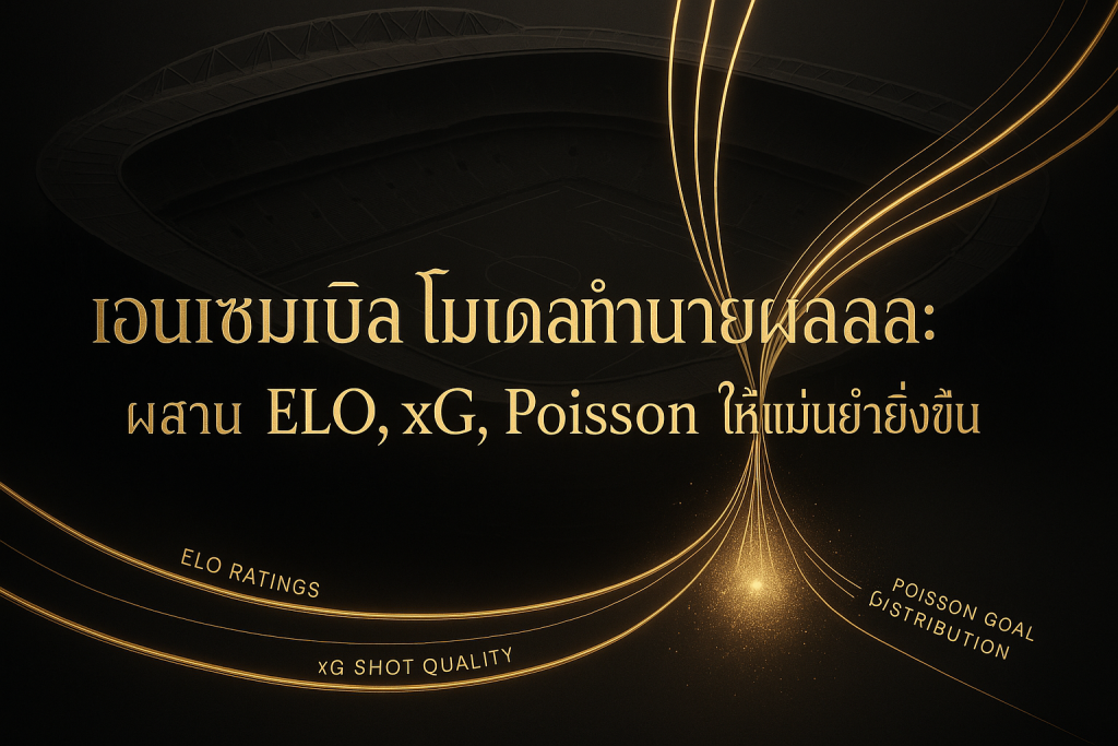 feature image โทนหรูหราดำทองสำหรับเอนเซมเบิลโมเดลทำนายผลบอล แสดงการผสาน ELO, xG และ Poisson เข้าสู่โมเดลเอนเซมเบิลพร้อมข้อความหัวเรื่อง