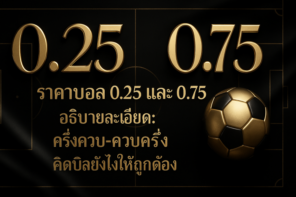 ภาพฟีเจอร์ธีมหรูหราดำทอง อธิบายราคาบอล 0.25 0.75 แบบเอเชียนแฮนดิแคป พร้อมชื่อเรื่องภาษาไทยบนภาพ