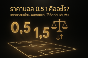 ภาพฟีเจอร์โทนดำทอง อธิบายราคาบอล 0.5 1.5 พร้อมข้อความหัวเรื่องบนภาพ แสดงสนามฟุตบอลแบบเส้นทองและไอคอนชั่งน้ำหนักสื่อความเสี่ยง-ผลตอบแทน