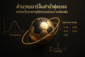 ภาพฟีเจอร์ธีมหรูหราดำทองเกี่ยวกับการคำนวณมาร์จิ้นค่าน้ำฟุตบอลและการแปลงเป็นราคายุติธรรม พร้อมข้อความหัวเรื่องบนภาพ