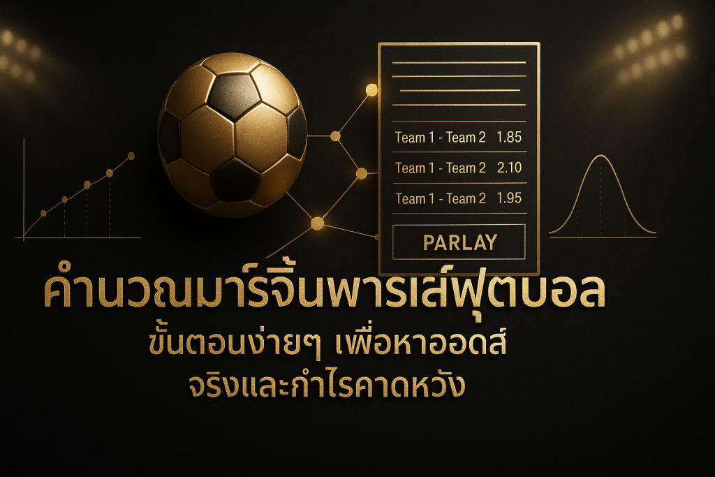 ภาพฮีโร่ธีมหรูหราดำทองสำหรับ คำนวณมาร์จิ้นพาร์เลย์ฟุตบอล พร้อมข้อความหัวเรื่อง แสดงลูกฟุตบอลสีทอง สลิปพาร์เลย์ และกราฟเส้นความน่าจะเป็น