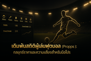 ภาพฟีเจอร์สไตล์หรูหราโทนดำทอง แสดงแดชบอร์ดและสนามฟุตบอล เพื่อสื่อถึงเดิมพันสถิติผู้เล่นฟุตบอล (Player Props) และภาพรวมของกลยุทธ์ราคาและความเสี่ยง