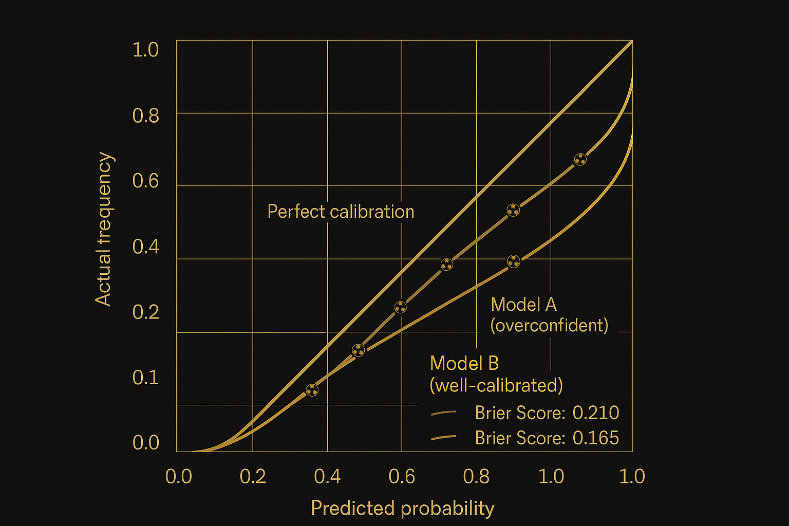 กราฟ calibration เปรียบเทียบโมเดลพร้อมค่า คะแนนบรียร์ ฟุตบอล ในธีมดำทองหรูหรา