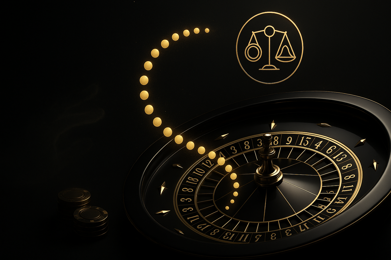 ภาพประกอบอคติการเดิมพัน: แนวคิด gambler’s fallacy บนรูเล็ตในธีมหรูหราดำทอง แสดงความเข้าใจผิดเรื่องโอกาส