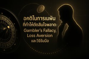 ภาพฟีเจอร์ธีมหรูหราดำทองสำหรับบทความอคติการเดิมพัน สื่อถึง gambler’s fallacy และ loss aversion พร้อมข้อความหัวเรื่องบนภาพ