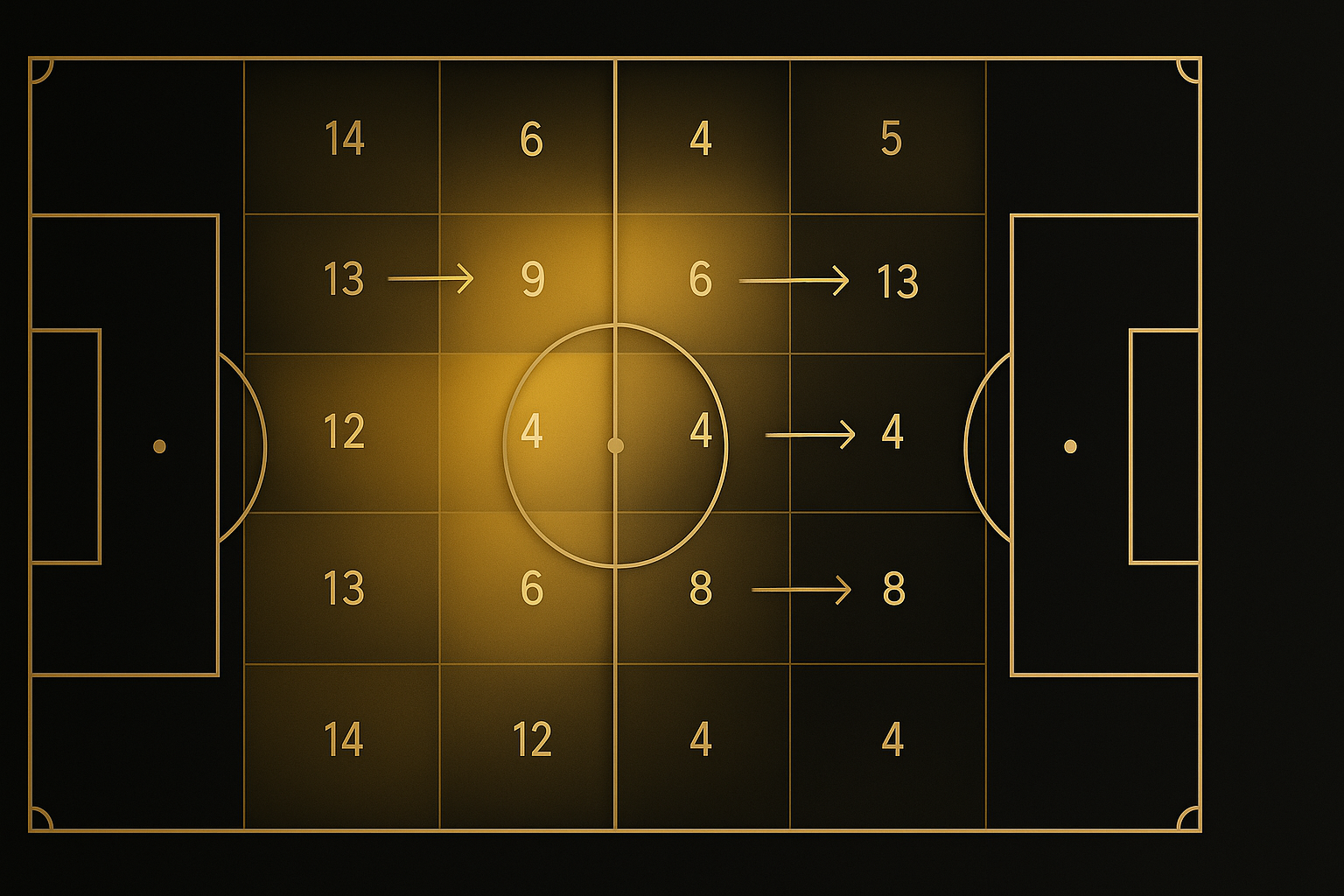ภาพสนามฟุตบอลผสาน Heatmap กับ PPDA วิเคราะห์เกม แสดงโซนเพรสซิ่งและค่าความเข้มในธีมดำทอง