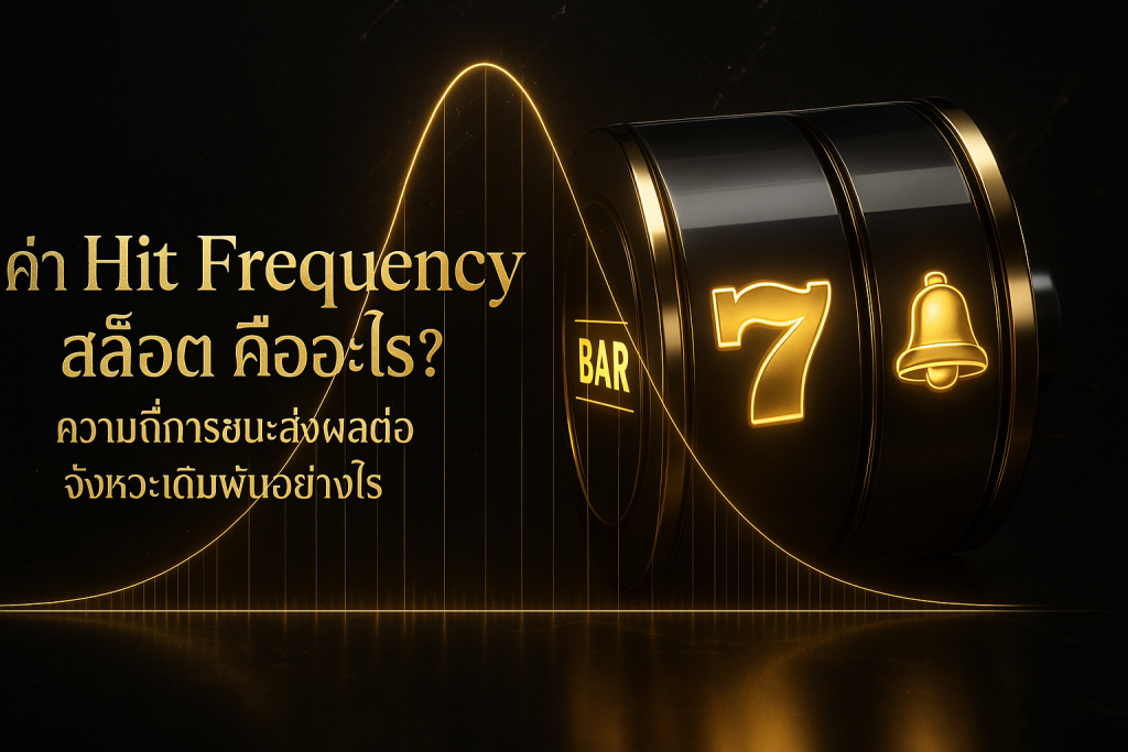 ภาพฟีเจอร์ธีมดำทอง แสดงค่า Hit Frequency สล็อต และกราฟความถี่การชนะ พร้อมหัวข้อบทความภาษาไทย