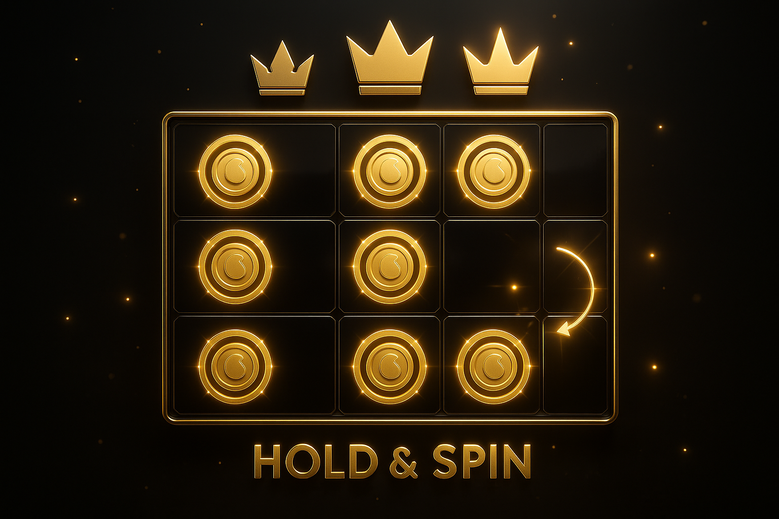 ภาพอธิบายกลไกฟีเจอร์ Hold & Spin สล็อต แสดงเหรียญล็อกและรีสปิน ในธีมหรูหราดำทอง