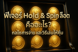 ภาพฟีเจอร์ Hold & Spin สล็อต ธีมดำทอง พร้อมชื่อเรื่องบนภาพ