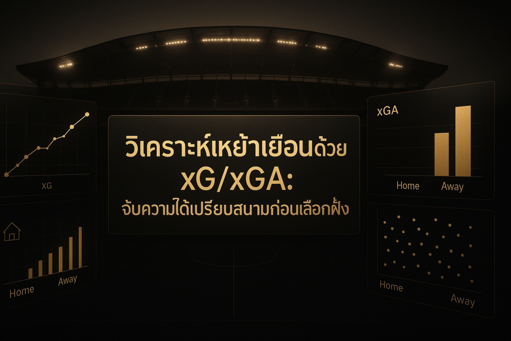 ภาพปกธีมหรูหรา ดำทอง สำหรับบทความ 'วิเคราะห์เหย้าเยือนด้วย xG/xGA: จับความได้เปรียบสนามก่อนเลือกฝั่ง' พร้อมกราฟวิเคราะห์และสนามฟุตบอล สื่อถึงการวิเคราะห์เหย้าเยือนด้วย xG
