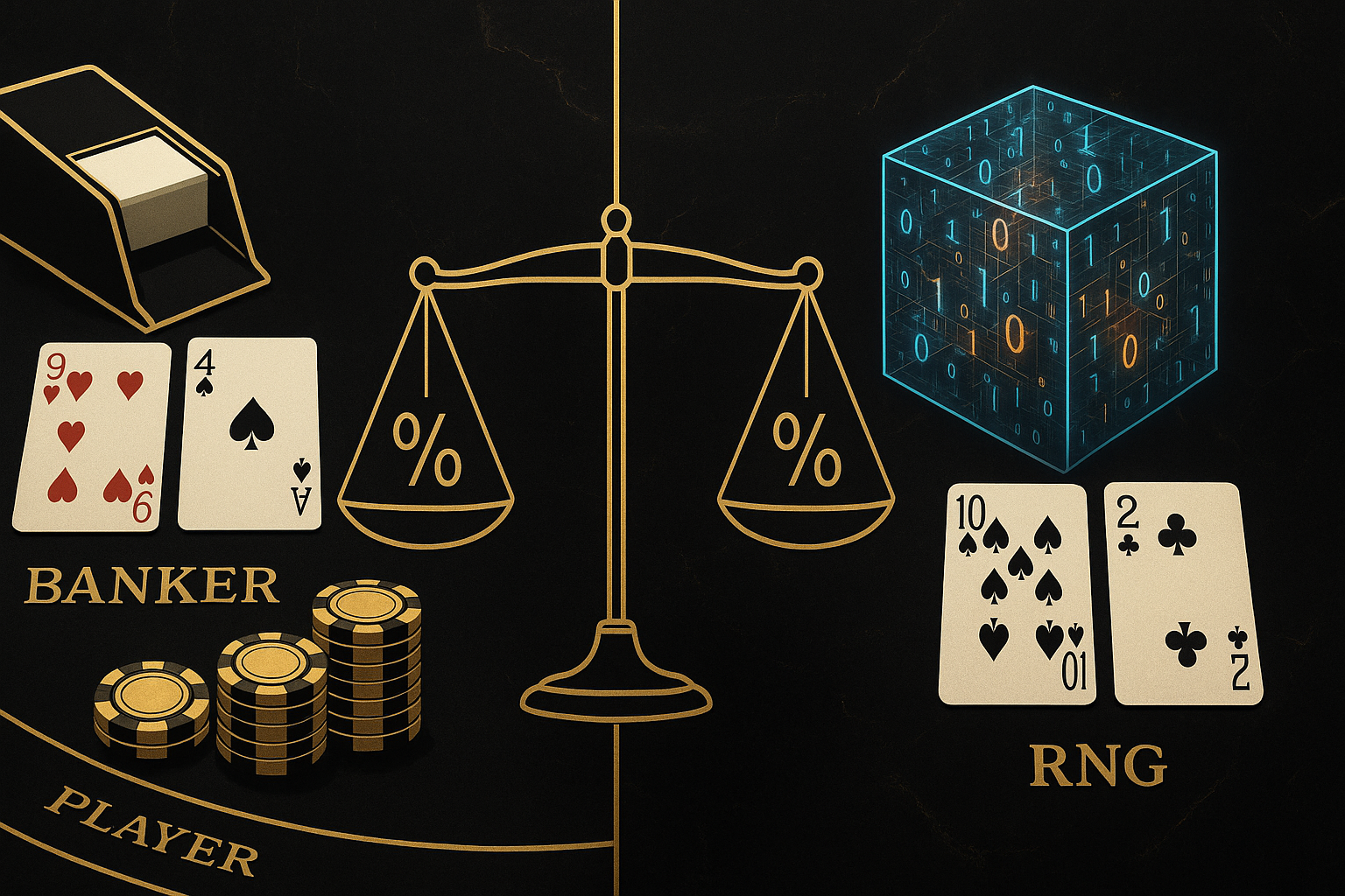 อินโฟกราฟิกธีมดำทอง แสดงการเปรียบเทียบเฮ้าส์เอจของ บาคาร่าสด vs RNG อย่างหรูหรา