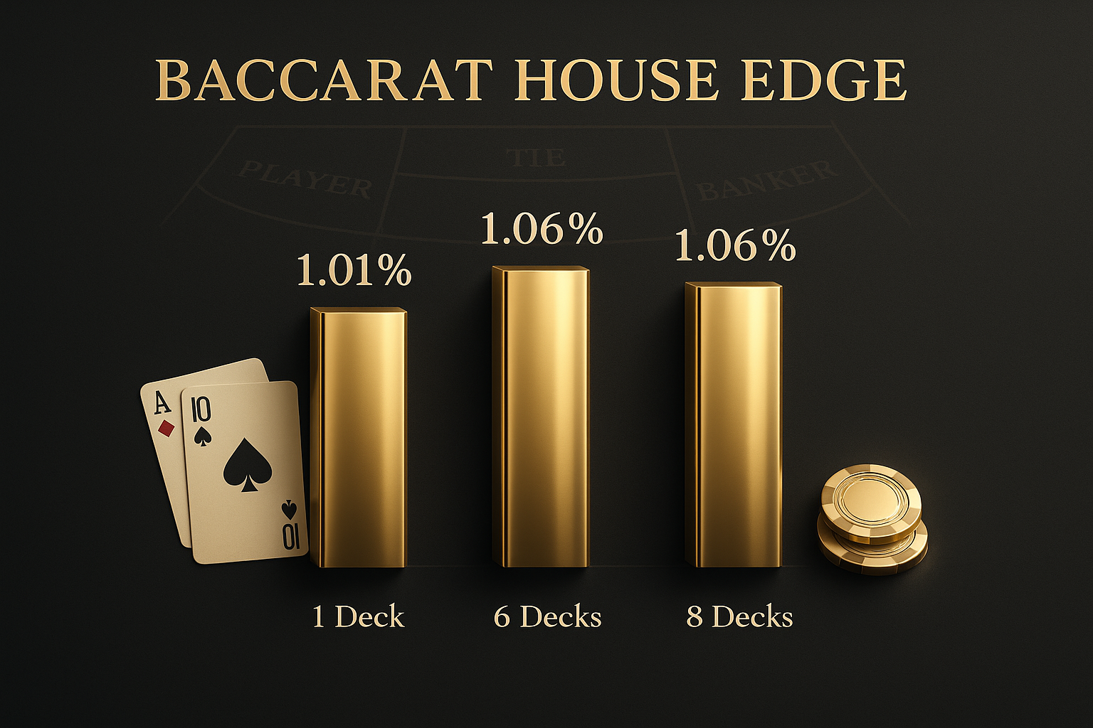 ผลของจำนวนเด็คต่อโอกาสชนะบาคาร่า อินโฟกราฟิกกราฟแท่งสีทองเทียบเฮ้าส์เอจตามจำนวนเด็ค 1, 6, 8 บนพื้นหลังโต๊ะบาคาร่าโทนดำทอง