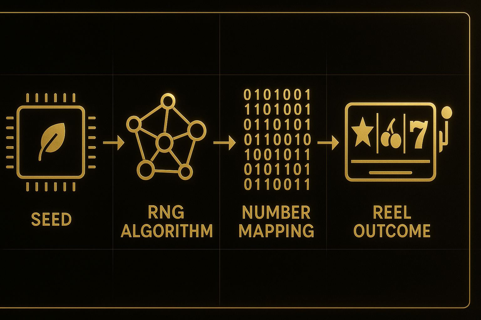 อินโฟกราฟิกดำทองอธิบายขั้นตอนการทำงานของ RNG ในสล็อต เพื่อลดความเข้าใจผิด RNG สล็อต