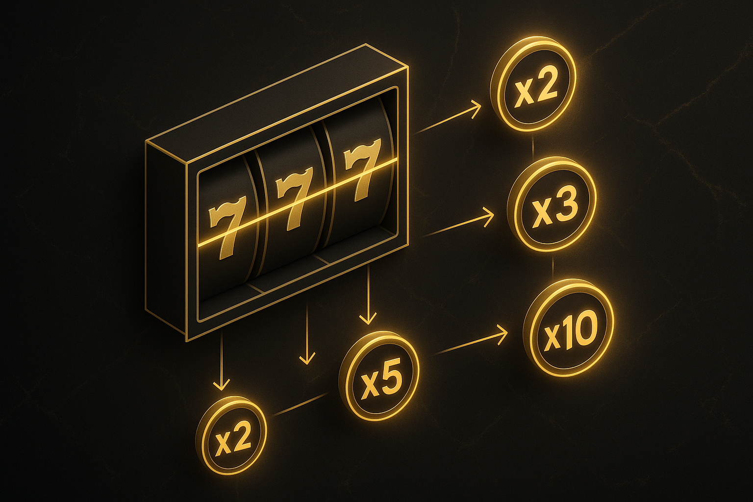 อินโฟกราฟิกการทำงานของตัวคูณสล็อตในธีมหรูหราดำทอง แสดงรีล เส้นจ่าย และไอคอนตัวคูณ x2 x3 x5 x10