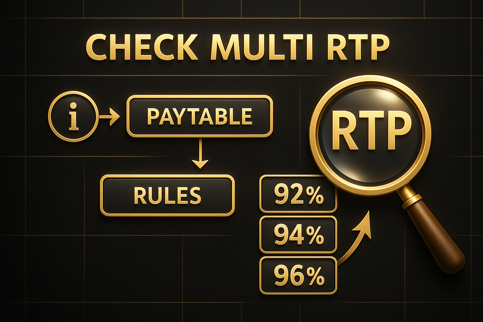 ภาพวิธีเช็ก RTP หลายระดับสล็อต ในเมนูข้อมูลและตารางจ่ายของเกมสล็อต โทนหรูหราดำทอง