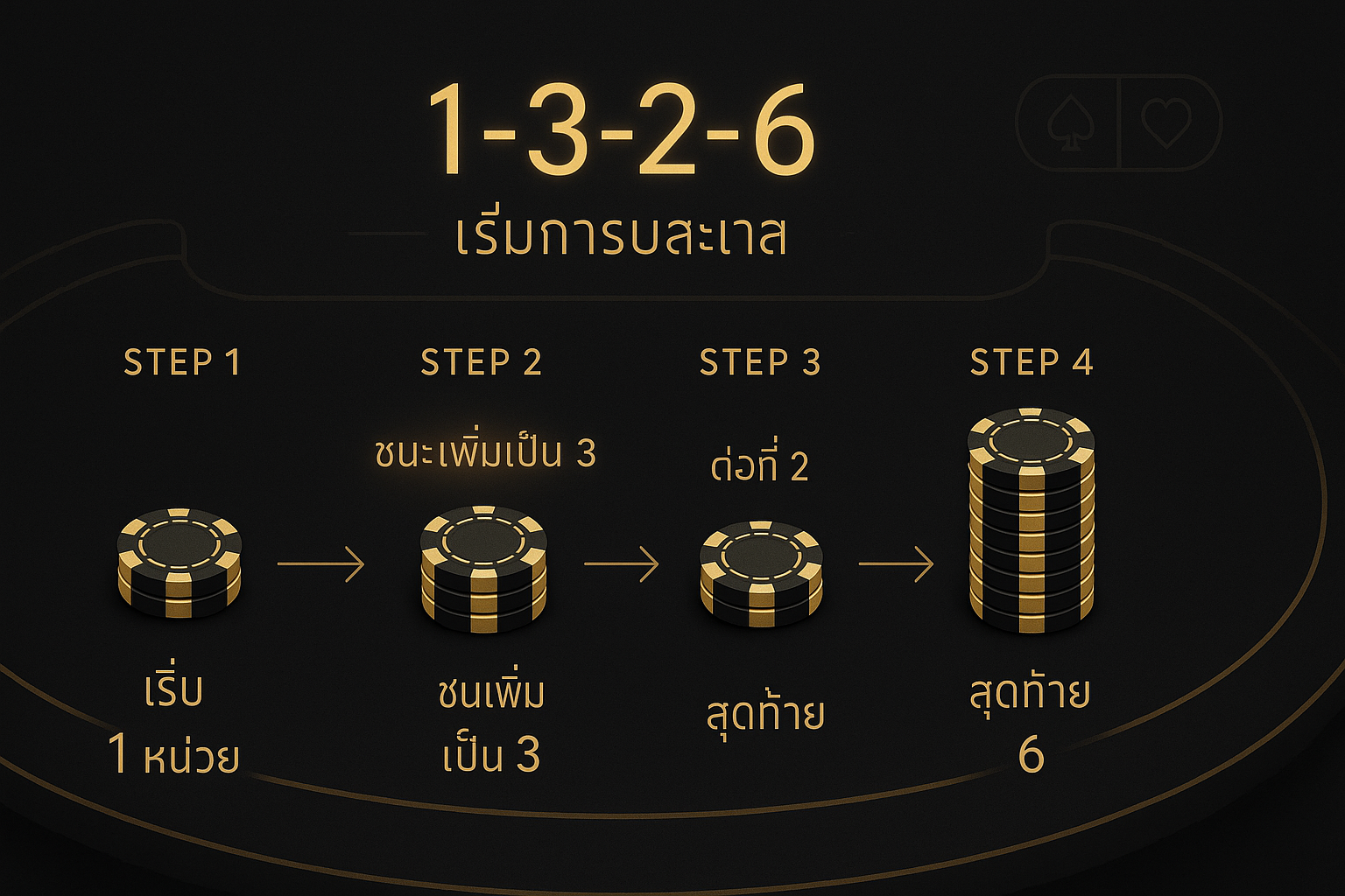 อินโฟกราฟิกขั้นตอนการ เดินเงินบาคาร่า 1326 แสดงลำดับเดิมพัน 1-3-2-6 โทนหรูหรา ดำทอง