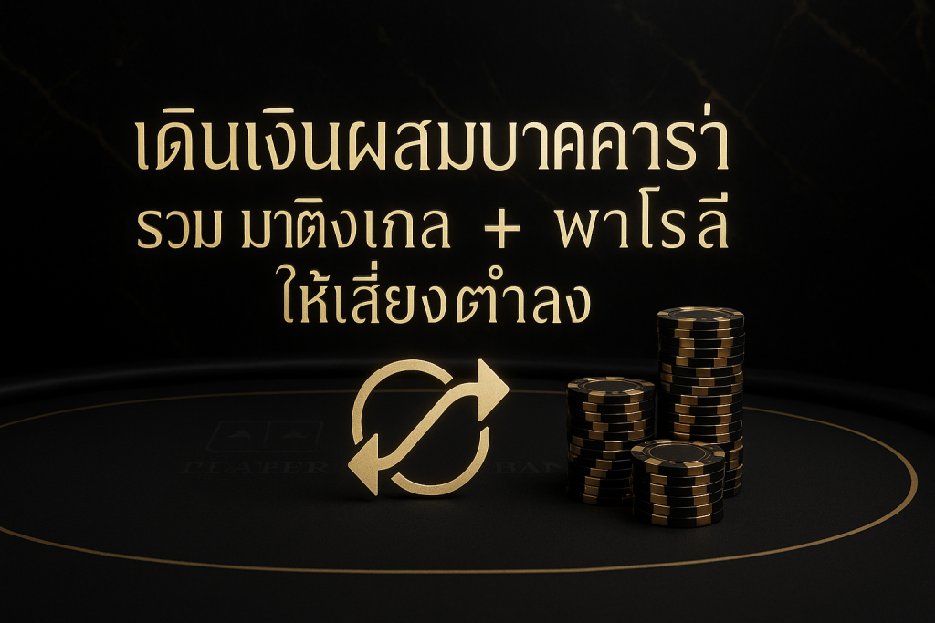 ภาพฟีเจอร์เดินเงินผสมบาคาร่า ผสานมาติงเกลและพาโรลี โทนหรูหราดำทอง พร้อมข้อความหัวข้อบทความ