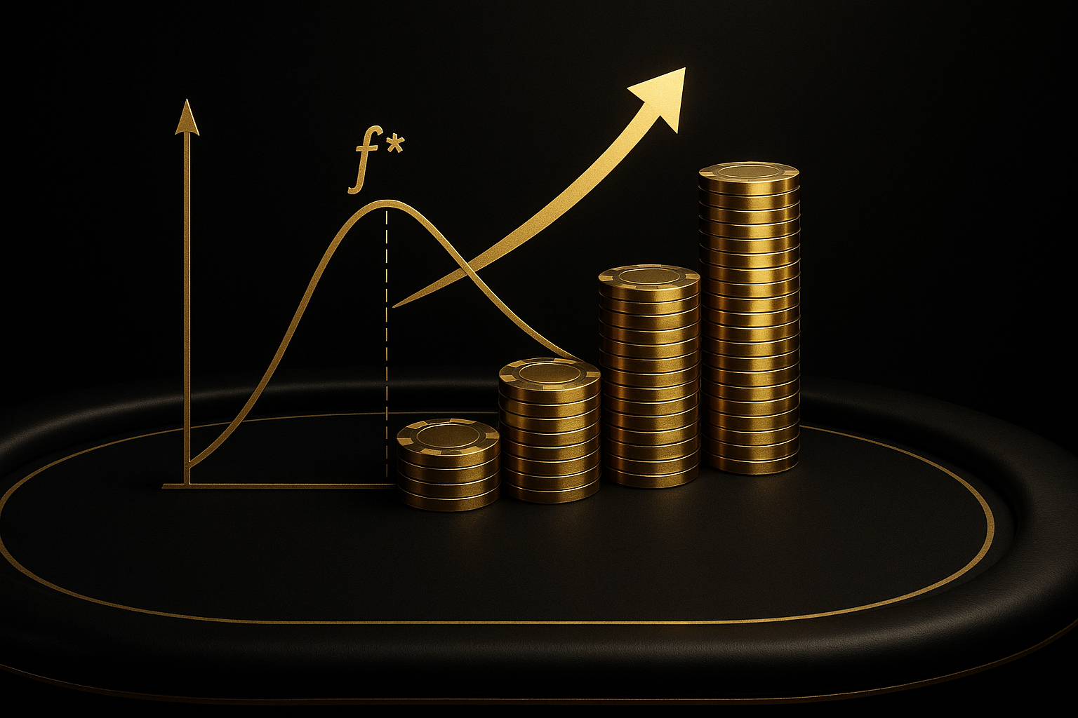 ภาพแนวคิด Kelly Criterion สำหรับกำหนดขนาดเดิมพันบาคาร่าตาม EV เพื่อลดความเสี่ยงและเร่งการเติบโตของพอร์ต โทนดำทองหรูหรา