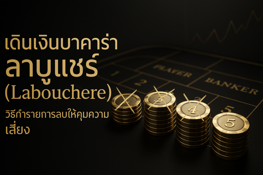 ภาพปกธีมหรูหราสีดำทอง สื่อถึง เดินเงินบาคาร่า ลาบูแชร์ (Labouchere) วิธีทำรายการลบให้คุมความเสี่ยง พร้อมตัวอักษรชื่อเรื่องบนภาพ