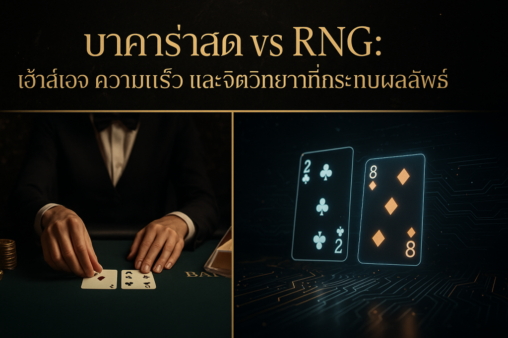 ภาพฟีเจอร์ธีมดำทอง เปรียบเทียบ บาคาร่าสด vs RNG เน้นเฮ้าส์เอจ ความเร็ว และจิตวิทยาที่กระทบผลลัพธ์