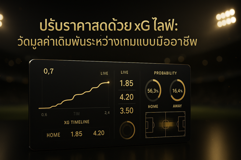 ภาพฟีเจอร์ธีมหรูหราดำทอง แสดงการปรับราคาสดด้วย xG ไลฟ์ ระหว่างเกมฟุตบอล พร้อมกราฟ xG และออดส์ไลฟ์
