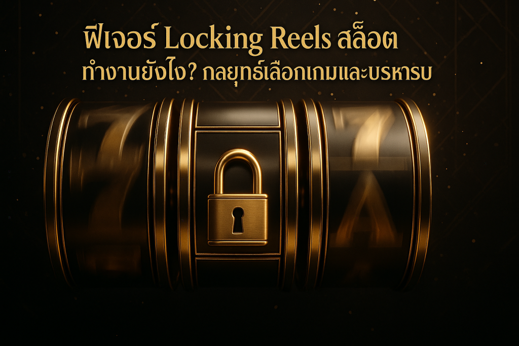 ภาพฟีเจอร์ Locking Reels สล็อต โทนหรูหราดำทอง แสดงรีลที่ถูกล็อกด้วยแม่กุญแจทองและข้อความหัวข้อบทความ
