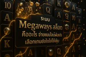 ภาพหัวข้อระบบ Megaways สล็อต โทนหรูหราดำทอง แสดงวงล้อหลายระดับและไลน์ผันแปร พร้อมข้อความชื่อบทความบนภาพ
