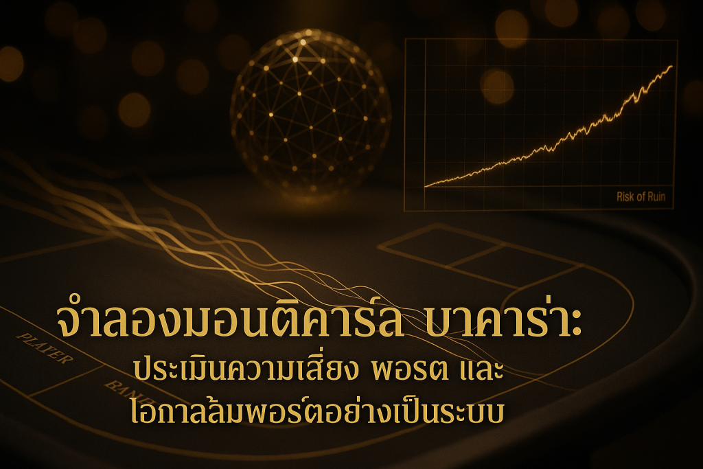 จำลองมอนติคาร์โล บาคาร่า ในภาพฟีเจอร์ธีมดำทองพร้อมกราฟความเสี่ยง พอร์ต และข้อความหัวเรื่อง